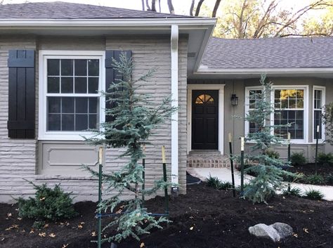 Exterior - Before & After • Mindfully Gray Gray House Black Shutters, Grey Painted Brick, Mindfully Gray, Grey Exterior House Colors, Driveway Walkway, Diy Exterior, Gray House Exterior, Painted Brick House, Ranch House Exterior