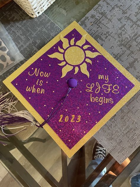 Repunzle Graduation Cap, Grad Cap Designs Tangled, Repunzal Graduation Cap, Senior Parking Spaces Tangled, Rapunzel Senior Parking Spot, Graduation Cap Designs Rapunzel, Rapunzel Graduation Party, Tangled Themed Graduation Party, Tangled Grad Cap