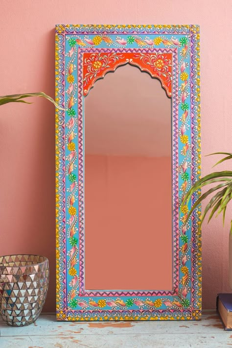 Hand Painted Mirrors – Ian Snow Ltd Colorful Mirrors, Painted Mirror Frame, Decorated Mirror, Ian Snow, Hand Painted Mirrors, Mehandi Art, Boho Mirror, Painted Mirror, Hand Painted Frames