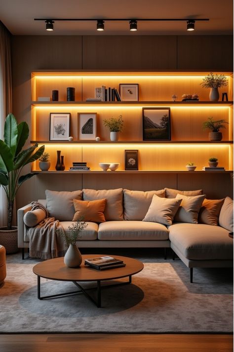 Cozy living room with illuminated floating shelves on statement wall Picture Feature Wall Ideas, Modern Wall Ideas, Wall Lighting Ideas, Wall Decor Trends, Layering Techniques, Floating Shelves Living Room, Living Room Wall Decoration, Bathroom Artwork, Picture Lights