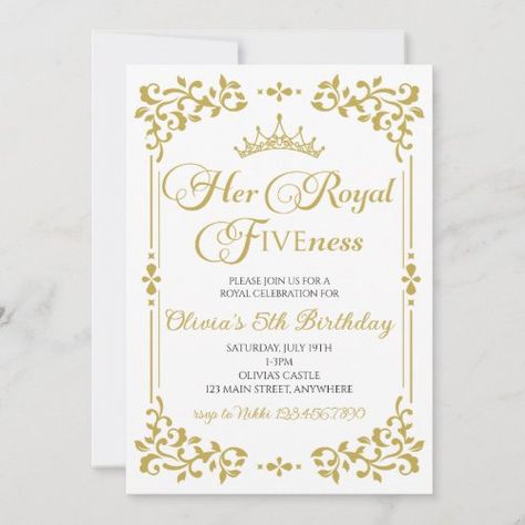 $2.98 | Her Royal Fiveness Gold Princess 5th Birthday - princess, gold, royal fiveness, crown, royal celebration, 5th birthday, girl, elegant, fancy Once Upon A Time Birthday Party Invitations, Once Upon A Time First Birthday Theme, Once Upon A Time Birthday Party, Royal Fiveness, Fairytale Ball, 5th Birthday Invitation, Royal Celebration, Fairytale Theme, 1st Birthday Girl Decorations