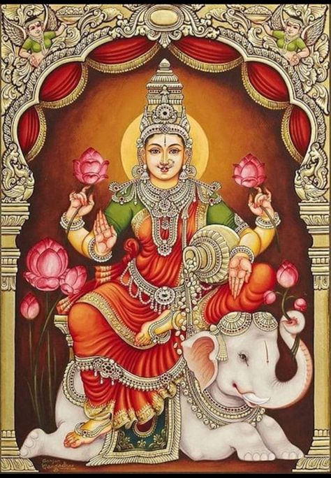 Gaja Lakshmi, साईं बाबा, Tanjore Art, Maa Lakshmi, Mysore Painting, Indian Traditional Paintings, Tanjore Paintings, Kerala Mural Painting, Indian God