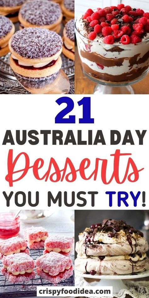 Australia Day is almost here (January 26th). In this national holiday Australian are celebrate this day with amazing breakfast, lunch, dinner and dessert, even various types of drinks. Here I share some tasty and easy Australia day desserts that everyone will love. #australia #australiaday #australiandesserts #holiday #desserts #treats #partyideas #crispyfoodidea Types Of Drinks, Australian Desserts, Desserts Around The World, International Desserts, Aussie Food, Amazing Breakfast, Australia Food, Types Of Desserts, Foreign Food