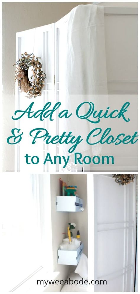 No Utility Closet Solutions, Diy Linen Storage No Closet, Small Nook Ideas Bedroom Closet, No Linen Closet Solutions Bathroom, No Linen Closet Solutions, Small Closet Hacks, Easy Closet, Pretty Closet, Pretty Closets