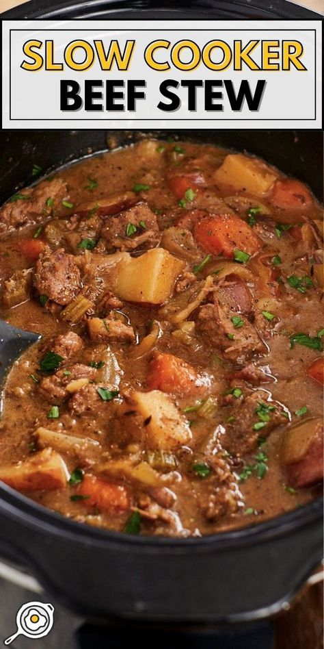 slow cooker full of beef stew with recipe title block at the top. Slowcooker Beefstew, Low Fat Crock Pot Recipes, Slow Cooker Beef Ramen, Crockpot Stew Recipes, Chicken Noodle Soup Slow Cooker, Slow Cooker Cheesy Chicken, Beef Stew Slow Cooker, Meatballs Slow Cooker, Slow Cooker Swedish Meatballs