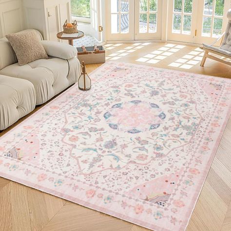 PRICES MAY VARY. [Accent Floral Area Rug] - This washable rug features floral medallion patterns to add vintage and accent appeal to your space. Pink rugs 5'x7' can be folded without leaving creases for easy storage. Soft and durable 5 by 7 area rugs can be used in high traffic areas of your home without blocking the door opening. [Premium Soft & Non-Slip Rugs] - This vintage rug adopts premium cashmere-like medium pile microfibers, soft but durable, great choice for your pink room decor aesthet College House Decor, Pink And Blue Rug, Pink Room Decor, College Apartment Decor, Pink Living Room, Rugs For Living Room, Pink Room, House Room, Room Inspiration Bedroom