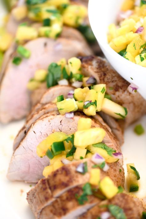 My smokey roasted pork tenderloin with pineapple salsa is a quick and easy weeknight meal thanks to quick cooking pork. It's also the most exciting meal of the week, thanks to the tropical notes. Pork Tenderloin With Pineapple, Holiday Dinner Ideas, Pork Tenderloin Sandwich, Roasted Pork Tenderloin, Holiday Dinner Recipes, Pineapple Salsa Recipe, Cooking Pork, Pork Entrees, Pineapple Pork