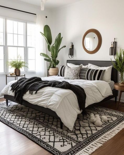 Bedroom Black White Wood, Black Furniture Neutral Bedroom, Bedding Ideas Black And White, Neutral Black And White Bedroom, Black Accent Bedroom Decor, Black And White Bedroom With Plants, Black And Earth Tones Bedroom, Green And Black Bedroom Aesthetic, White Black And Gold Bedroom