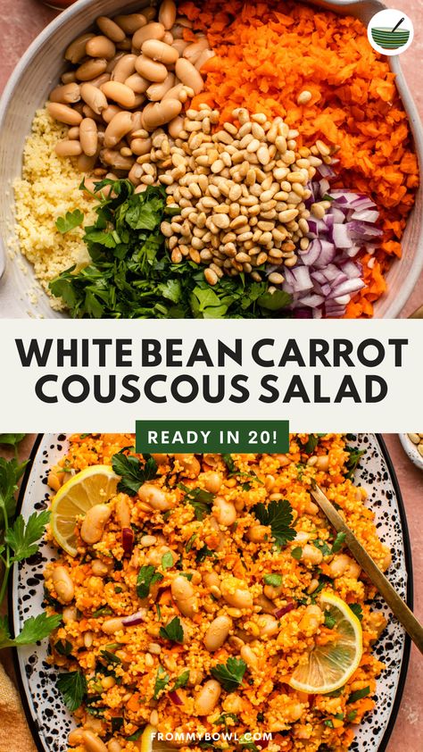 This Moroccan-inspired White Bean Carrot Couscous Salad is an easy lunch made with exciting North African flavors, hearty beans, and fluffy couscous. Vegan. Gluten-Free and Nut-Free Options. Carrot Couscous, Salad With White Beans, Gourmet Salads, Couscous Salad Recipes, Moroccan Salad, Quick Easy Vegan, Couscous Recipes, Veggie Meals, Quick Dinners