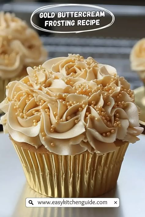 Make this delicious gold buttercream frosting by following these simple, easy-to-follow instructions. Perfect for your next cake or cupcake project! How To Make Gold Frosting Food Coloring, Golden Birthday Cupcake Ideas, Gold Frosting How To Make, 50 Anniversary Cupcakes, 70 Birthday Cupcakes, Gold Frosting Buttercream, Gold Buttercream Frosting, Gold Buttercream, Gold Frosting