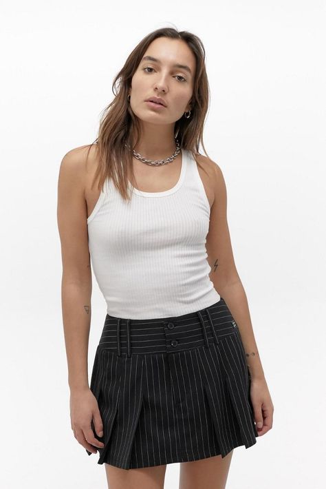 UO Kourtney Pinstripe Kilt Mini Skirt | Urban Outfitters Leather Skirt Summer, Pinstripe Skirt, Cheetah Skirt, Camo Skirt, Belted Mini Skirt, Miniskirt Outfits, Black Leather Skirts, Skirt Outfit, Mode Inspo