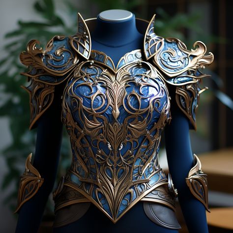 Blue Armor Fantasy, Blue Armour Female, Ocean Armor, Black And Gold Armor, Mermaid Armor, Royal Armor, Armor Fashion, Blue Armor, Gold Armor