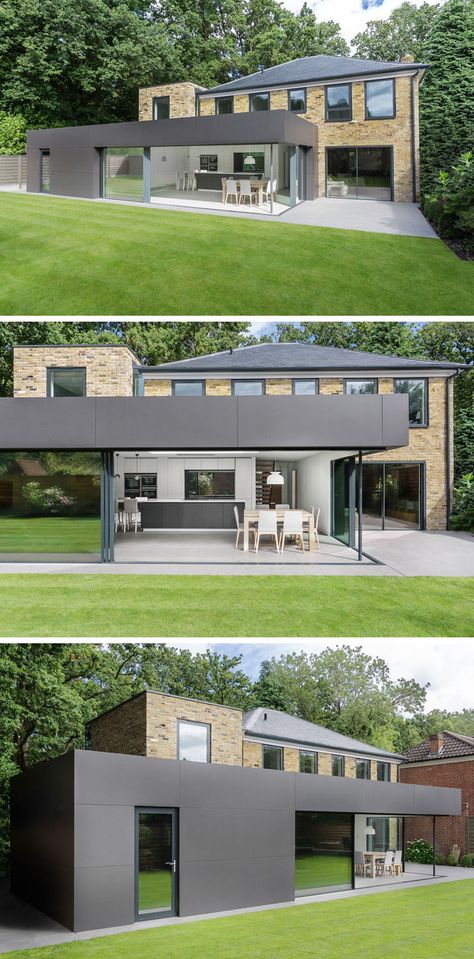 14 Examples Of British Houses With Contemporary Extensions // A dark clad extension houses a bright white kitchen that connects with the rest of the home and the garden just outside. Wraparound Extension, Extension House, Bright White Kitchen, Flat Roof Extension, British Houses, British Homes, Contemporary Garden Design, British Architecture, Roof Extension