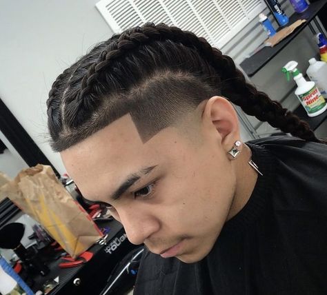 Spanish Braids Hairstyles Men, Braids For Men With Long Hair Mexican, White Mens Braids Hairstyles, Cornrow Hairstyles For Men Fade, Horn Braids, Mexican Braids Men, Latino Braids, Two Braids Hairstyle Men, French Braid Men