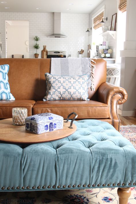 NOTE!! Sofa & Ottoman BOTH HAVE:!!Wood Feet,Nailhead,Nice Fabrics & Beautiful Color's! #1) The Sofa is a Tan/Copper Color so is The Wood Tray on Ottoman! #2) The Ottoman is ❤️Blue Velvet(textured material) & the Sofa Pillows are ❤️Blue & Textured! #3) The Sofa & The Ottoman have ❤️Nailhead trim!  February House Fluffing {Leather, Copper & Wood} Couch Remodel, Brown Leather Couch Decor, Leather Couch Decorating, Small Leather Sofa, Interior Lounge, Tan Leather Sofas, Leather Couches Living Room, Blue Ottoman, Brown Leather Couch