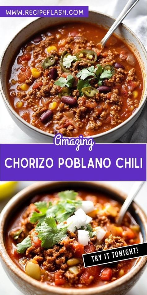 Craving a chili that warms the soul? This Chorizo Poblano Chili Recipe blends smoky chorizo with fresh poblano peppers for a delightful experience. You’ll enjoy a satisfying meal that’s easy to prepare. Make sure to save this recipe for your next cozy night in! Chorizo Chili Recipe, Chorizo Recipes Dinner, Beef And Peppers, Cabin Recipes, Chorizo Chili, Poblano Peppers Recipes, Poblano Chili, Beef Chorizo, Family Meal Recipes