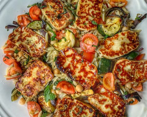 Warm Orzo Salad With Honey Glazed Halloumi — Chris Baber Honey Halloumi Salad, Halloumi Honey Recipes, Halloumi Orzo, Gerd Meals, Warm Orzo Salad, Honey Halloumi, Orzo Salad Recipes, Bbq Night, Halloumi Salad