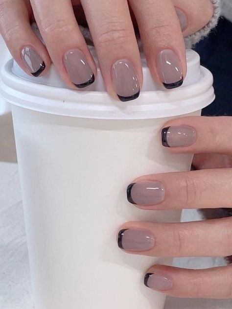 Nails 2024 Tan Nails With Black Tips, Dark Tip French Manicure, Dark French Manicure, Fun Basic Nails, Tuxedo French Tip Nails, Triangle French Tip Nails Short, Black And Tan Nail Ideas, Simple Nails Dark, Short Nails Black French Tip