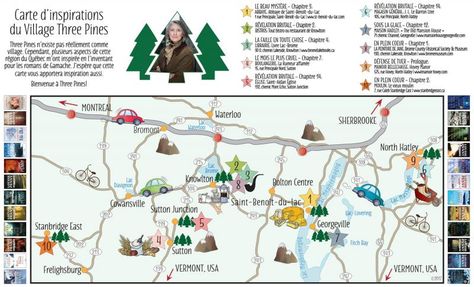 Three Pines Inspirations Map (Louise Penny) | Eastern Townships (Quebec) Three Pines Map, Three Pines Louise Penny, Louise Penny Books, Quebec Province, Inspector Gamache, Eastern Townships, Three Pines, Trombone Music, Louise Penny