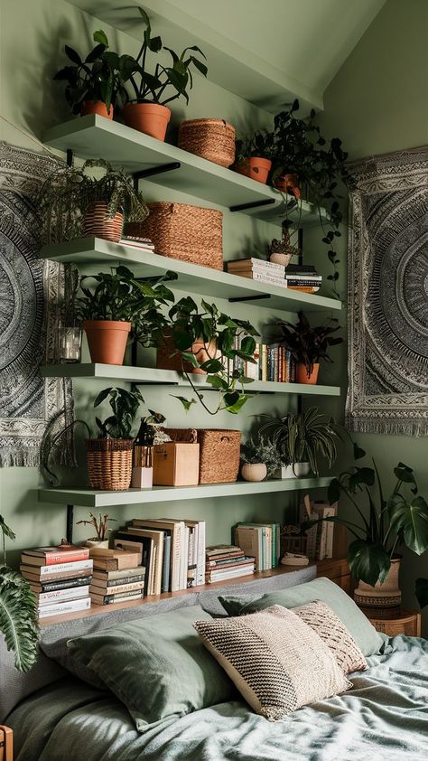 Style it up with floating shelves! 🪴✨ This sage green boho bedroom is all about displaying plants, Sage Green Boho Bedroom, Green Boho Bedroom, Displaying Plants, Boho Inspo, Boho Style Bedroom, Organized Living, Boho Green, Bedroom Boho, Boho Bedroom