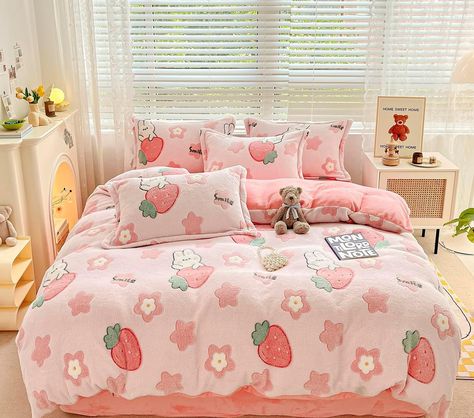 Amazon.com: LMONMOO Pink Duvet Cover Queen, Strawberry Duvet Cover Set, Super Soft Kawaii Bedding Sets Cute Rabbit Fluffy Comforter for Girls Kids Teen Women with Zipper Closure & Corner Ties : Home & Kitchen Strawberry Themed Bedroom Aesthetic, Cute Bed Sheet, Strawberry Bedroom Decor, Strawberry Themed Room, Strawberry Room Aesthetic, Pink Bedding Aesthetic, Cutecore Bed, Strawberry Room, Wash Bedding