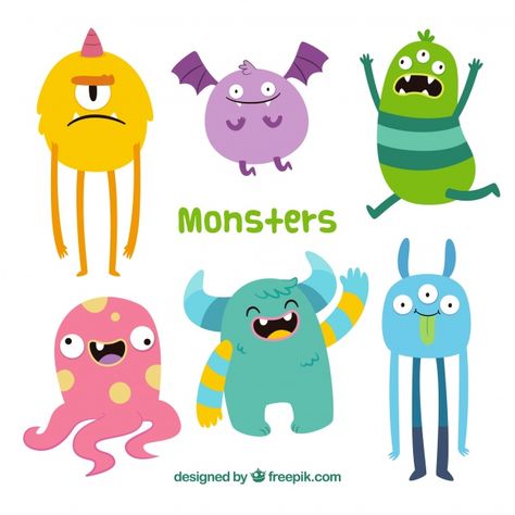 Funny monsters collection in hand drawn style Free Vector Cute Monster Illustration, Cute Monsters Drawings, Comic Book Template, Halloween Creatures, Funny Characters, Zestaw Ikon, Monster Drawing, Funny Monsters, Monster Illustration