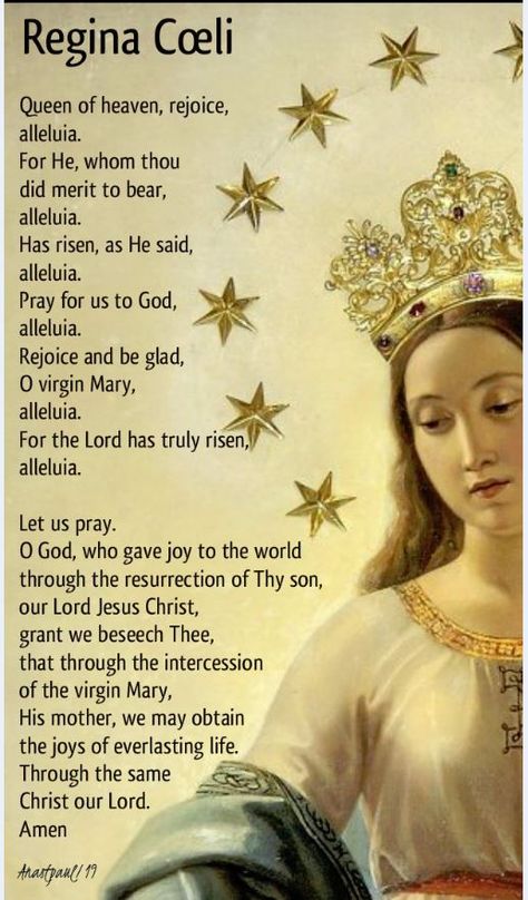 Reminder! - Regina Cœli "Queen of Heaven" - It is one of the four seasonal Marian antiphons of the Blessed Virgin Mary, prescribed to be sung or recited in the Liturgy of the Hours at the conclusion of the last of the hours to be prayed in common that day, typically night prayer (Compline or Vespers). Anyone of these four or of other suitable antiphons may now be sung at ...#mypic Queen Of Heaven Blessed Mother, Angelus Prayer, Mary Queen Of Heaven, Universal Prayer, Blessed Mary, Religious Pictures, Mama Mary, Queen Of Heaven, Rejoice And Be Glad