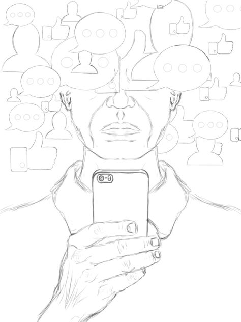 Technology Sketch Drawings, Addicted To Phone Drawing, Social Issues Painting Easy, Real Self Vs Ideal Self Drawing, Phone Addicted Illustration, Addicted To Phone Art, Social Media Drawings Negative, Notification Drawing, Phone Sketch Drawing