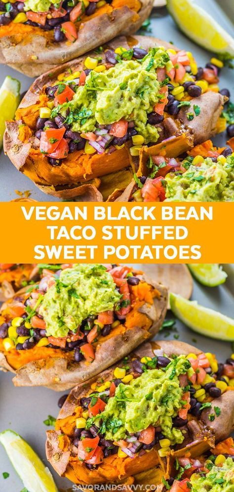 Easy Healthy Dinner Idea - Make this easy Black Bean Taco Vegan Stuffed Sweet Potato Recipe. This is one of my favorite healthy dinner recipes I turn to over and over again, because it's an easy dinner recipe that's also a healthy a healthy vegan and vegetarian recipe. #healthy #healthydinners #healthymeals #taco #vegantacos #stuffedsweetpotatoes #sweetpotatoes #vegan #vegetarian #vegetarianrecipes #veganrecipes Vegan Stuffed Sweet Potato, Pancakes Low Carb, Tacos Vegan, Wallpaper Food, Vegetarian Meal Prep, Nigel Slater, Easy Healthy Dinner, Vegan Sweet Potato, Vegan Healthy