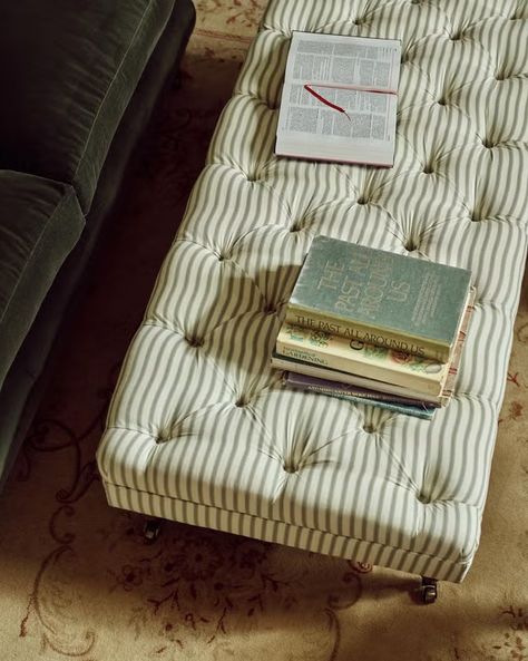 Striped Ottoman at Rowen & Wren Tiny Home Office, Color Blur, Good Reads, Striped Chair, Small Living Room Decor, Storage Footstool, Ottoman Coffee Table, Antique Table, Red Walls