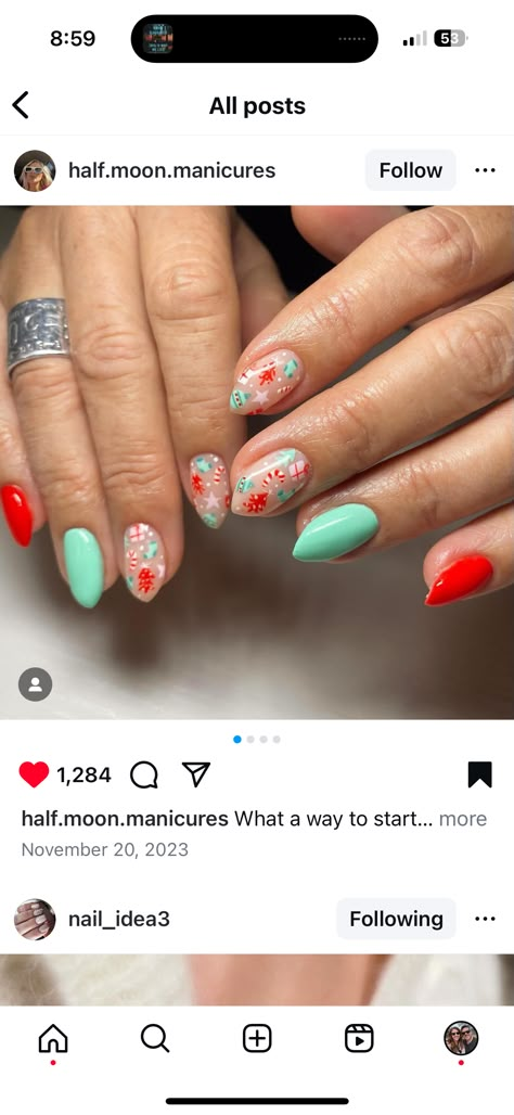 Pink Red Green Christmas Nails, Pink Green Christmas Nails, Pink And Green Christmas Nails, Funky Christmas Nails, Bright Winter Nails, Western Christmas Nails, Pastel Christmas Nails, Western Nails, Red Christmas Nails