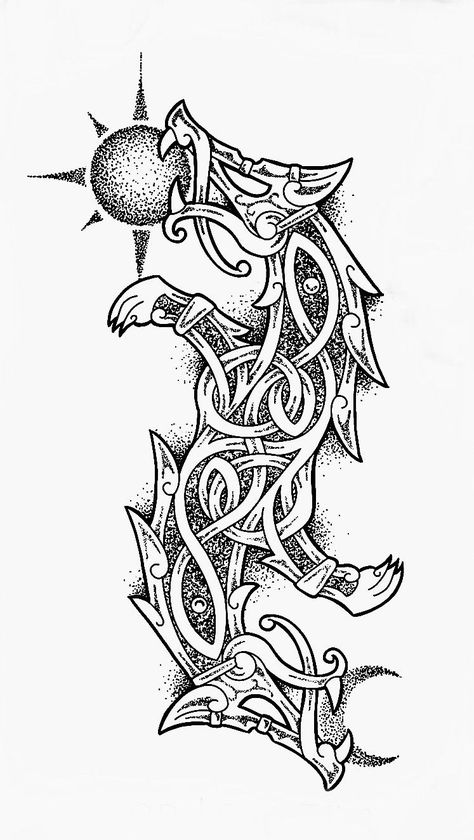 Norse Wolf Tattoo Design, Skoll Hati Tattoo, Viking Wolf Design, Nordic Dragon Tattoo, Wolf Viking Tattoo, Berserker Tattoo, Nordic Wolf, Celtic Wolf Tattoo, Black Flash Tattoos