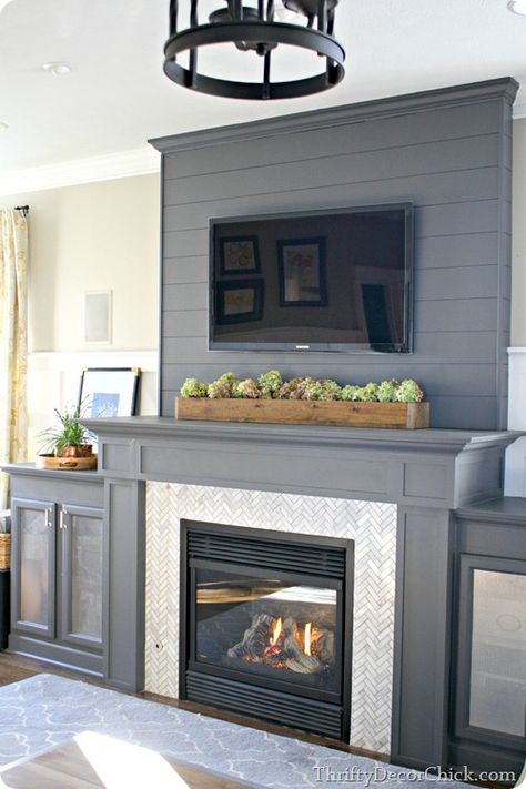 Fireplace Herringbone, Gray Fireplace, Family Room Reveal, Fireplace And Tv, Grey Fireplace, Tv Mounted, Shiplap Fireplace, Fireplace Built Ins, Farmhouse Fireplace