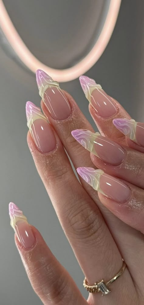 Almond Acrylic Nails With Gems, Jelly Aura Nails, Acrylic Nails With Gems, Short Almond Acrylic Nails, Nails With Gems, Almond Acrylic, Aura Nails, Nails Extra, Boho Nails