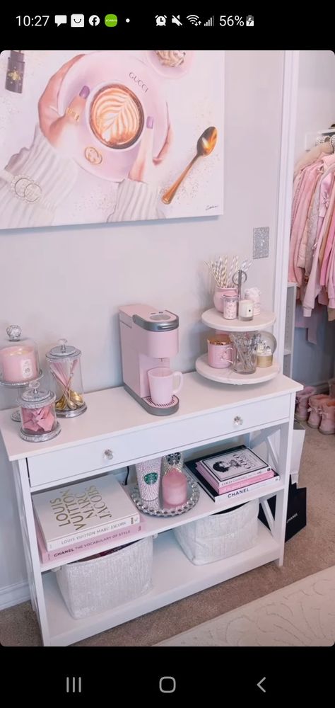 Tea Bar In Bedroom, Pastel Coffee Bar, Pink Coffee Station, Girly Basement Ideas, Coffee Bar Ideas Bedroom, Coffee Bar Ideas Pink, Bedroom Tea Station, Bedroom Coffee Station, Pink Coffee Bar