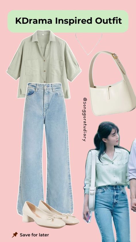 Han So Hee Nevertheless, White Bag Outfit, College Jeans, Nevertheless Kdrama, Drama Outfit, College Ootd, Shirt Ootd, Kdrama Outfits, Blue Wide Leg Jeans