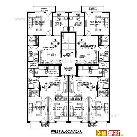 Apartment Plan for 45 Feet by 60 Feet plot (Plot Size 300 Square Yards) - GharExpert.com Gated Houses, Apartments Plan, Residential Plan, Residential Building Plan, Small Apartment Plans, Flat Plan, 30x40 House Plans, Apartment Plan, Small Apartment Building