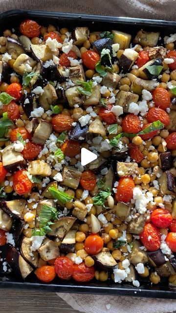 Marlena Kur | Roasted eggplant, chickpeas and burst tomatoes with some crumbled feta and fresh chopped basil on top. 

This Roasted Eggplant & Chickpea... | Instagram Eggplant Chickpea, Burst Cherry Tomatoes, Burst Tomatoes, Air Fry Oven, One Pan Meal, Eggplant Salad, Roasted Eggplant, Roast Eggplant, Eggplant Recipes