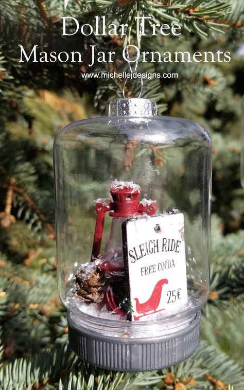 Dollar Tree Mason Jar Ornaments | Michelle James Designs Mason Jar Ornaments, Jar Ornaments, Store Ornaments, Christmas Feels, Dollar Tree Christmas Decor, Dollar Store Christmas Crafts, Mini Mason Jars, Dollar Store Christmas, Dollar Tree Christmas