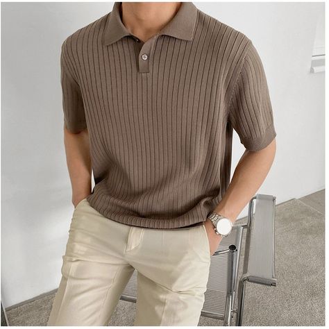 FLYDAY Fresh Ribbed Collar Knit | Polos for Men | KOODING Mens Knit Polo Shirt Outfit, Knitted Polo Outfit Men, Knitted Polo Shirt Men Outfit, Mens Collared Shirt Outfit, Knit Polo Men Outfit, Collard Shirt Outfits, Collar Tshirt For Men, Polo Men Outfit, Collared Shirt Outfit Men