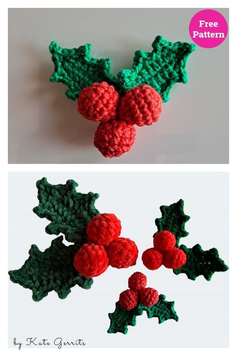 Holly Decoration Free Crochet Pattern Crocheted Christmas Ornaments Free, Crochet Xmas Ornaments Free Pattern, How To Crochet Holly Leaves, Crochet Poinsettia Free Pattern, Crochet Holly Berries, Crochet Mistletoe Pattern Free, Holly Leaves Crochet, Crochet Small Holly Leaf Free Pattern, Crochet Holly Garland