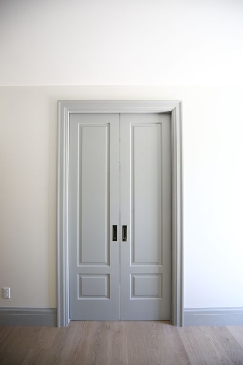 Double Pocket Closet Doors, Pocket Door For Office, Painted Double Doors Interior, Pocket Double Doors, Double Pocket Doors Bathroom, Closet Pocket Door Ideas, French Closet Door Ideas, Walkin Closet Door, Installing Pocket Doors