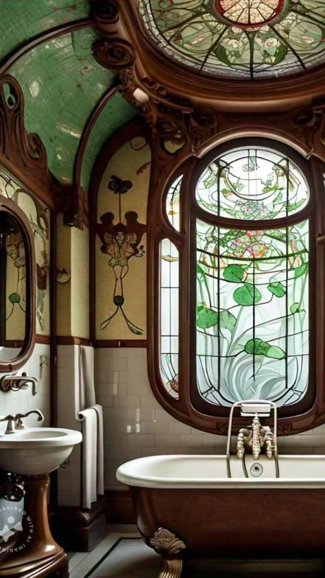 Bathroom Art Nouveau, Art Nouveau Bathroom Ideas, Art Nouveau Style Interior Design, Art Nouveau Home Interior Design, Art Moderne Interior Design, Art Deco Home Interior, Relaxing Bathroom Ideas, Art Nouveau Apartment, Art Nouveau Room