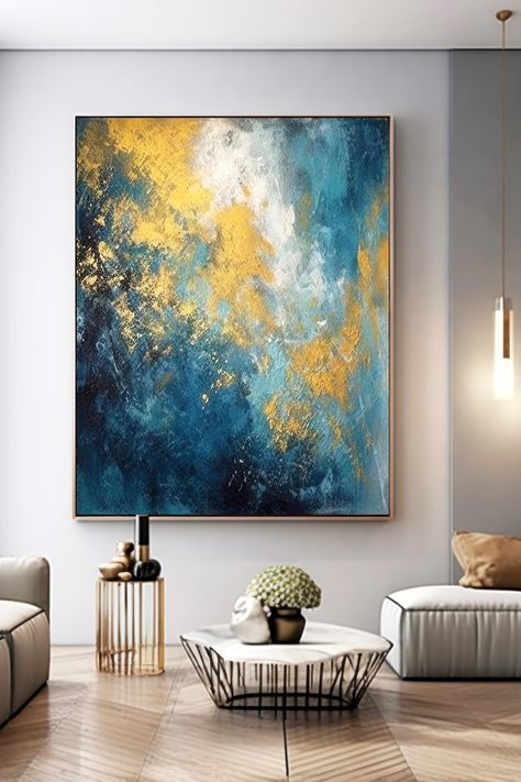 Original handmade blue and gold abstract painting with textured brushstrokes, featuring deep blue hues and vibrant gold accents on canvas Gold Abstract Wall Art, Eclectic Interior, Blue And Gold, Abstract Wall, Art Original, Abstract Wall Art, Modern Contemporary, Focal Point, Unique Pieces