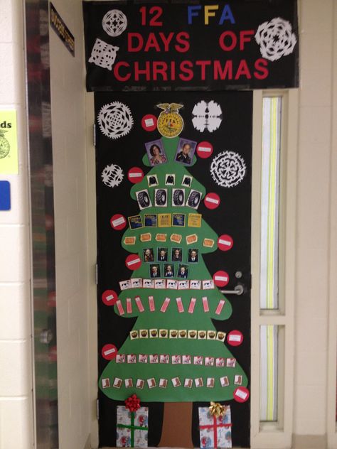 Door decorating- 12 FFA days of Christmas: 12 cowboy boots, 11 baby pigs, 10 bushels of corn, 9 silos, 8 dairy cows, 7 FFA officers, 6 bales of hay, 5 FFA creed paragraphs, 4 tractor tires, 3 FFA jackets, 2 Ag teachers, 1 FFA emblem. 12 Days Of Christmas Classroom, Ag Teacher Classroom Ideas, Ffa Activities, Christmas Door Decorations For School, Ffa Creed, Ffa Emblem, Holiday Classroom Doors, Ffa Week, Agriculture Teacher