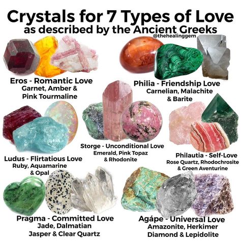 7 Types Of Love, Types Of Love, Gemstones Chart, Crystal Healing Chart, Love Crystals, Crystal Uses, Crystal Guide, Crystals Healing Properties, Spiritual Crystals