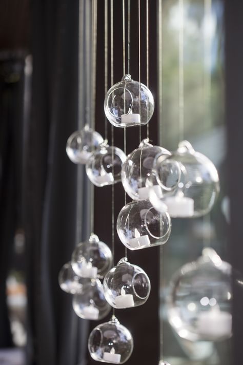 Hanging Glass Balls with tea light candles... they make the difference! ;) Hanging Candle Holder, Wedding Moodboard, Glass Balls, Glass Bauble, New Years Eve Decorations, Tea Light Candles, Glass Ball, Glass Cup, Hanging Lights