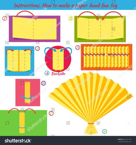 Instructions how to make paper hand fan. Origami Tutorial step by step. Educational game for kids #Ad , #AFFILIATE, #fan#Origami#hand#Instructions Origami Tutorial Step By Step, Fan Origami, Origami Paper Tutorial, Origami Hand, Origami Fan, Fan Template, Paper Hand Fans, Paper Fan, Educational Games For Kids