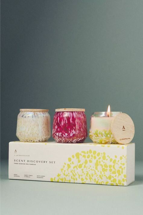 Night Gardenia (Floral Fruity)
Sweet Tonka & Vanilla (Gourmand)
White Amber Mandarin (Fruity) Anthropologie Packaging, Anthropologie Candles, Business Study, Anthropologie Candle, Pink Guava, Candle Night, Dark Woods, My First Home, Golden Amber