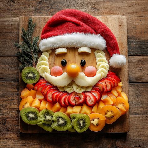 Add some festive fun to your holiday table with this adorable fruit Santa platter! 🎅🍓 Healthy, colorful, and sure to delight guests of all ages Festive Fruit Santa Platter Recipe Create a delightful and healthy holiday treat with this fruit platter shaped like Santa Claus. Perfect for parties and family gatherings! Ingredients: 1 banana, sliced 1 apple, sliced 1 kiwi, sliced 1 cup strawberries, sliced 1 cup pineapple chunks 1/2 cup black grapes or blueberries 1 small orange or clementine 2 sm... Santa Fruit Tray Ideas, Santa Fruit Platter, Animal Fruit Platter, Fruit Christmas Platter, Winter Fruit Platter Ideas, Santa Fruit Tray, Winter Fruit Board, Christmas Fruit Plate, Christmas Food Bar Ideas